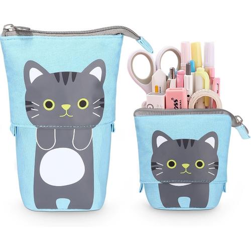 Trousse Crayon Télescopique, Trousse Scolaire À Fermeture Éclair, 2 En 1 Trouse Sur Pied,Trousse Scolaire, Trousse Kawaii, Pour Garçons Filles Etudiants Et Fournitures De Bureau(Chat-Gris)