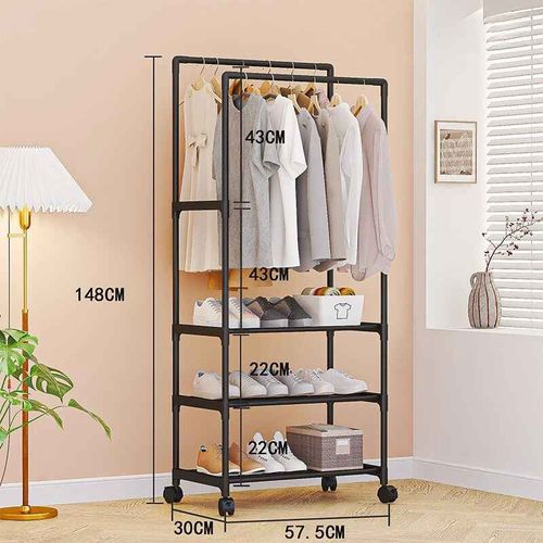 Étagères De Rangement Mobiles À Double Poteau T1 Pour Vêtements,Cintres Multifonctionnels,Support De Chambre À Coucher,Garde-Robe Avec Roues - Type 3 Layers Black