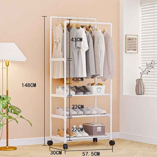 Étagères De Rangement Mobiles À Double Poteau T1 Pour Vêtements,Cintres Multifonctionnels,Support De Chambre À Coucher,Garde-Robe Avec Roues - Type 3 Layers White
