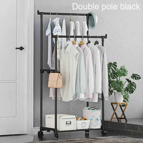Cintre Portable Multifonctionnel T1 Double,Étagère de Chambre à Coucher avec Roue,Rangement de Vêtements,Manteau Mobile au Sol,Le Plus Récent - Type Black A