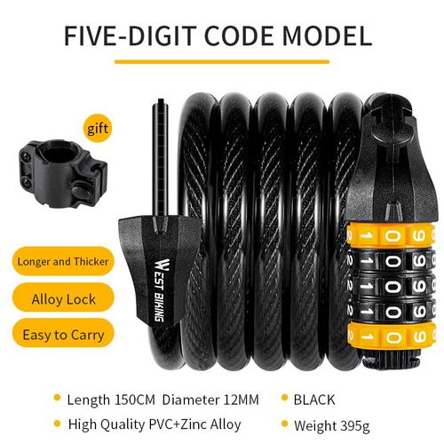 West Biking-Serrure De Sécurité Antivol Avec Mot De Passe Pour Vélo,Câble De Sécurité Pour Vtt,Vélo De Route,Scooter,Moto,Accessoires De Vélo - Type 5 Code 150cm