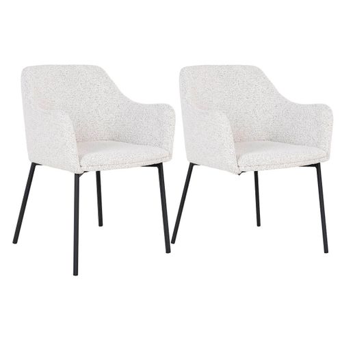 Lot De 2 Fauteuils De Table Tissu Bouclé Blanc Chiné Pieds Métal Noir