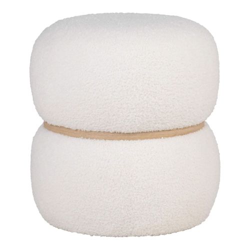 Pouf Rond En Tissu Bouclé Blanc Ceinturé En Mdf