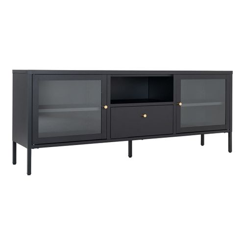 Meuble Tv 2 Portes Vitrées 1 Tiroir 1 Niche En Métal Laqué Noir