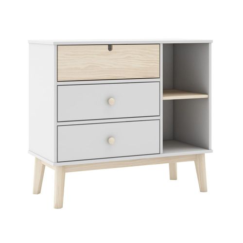 Commode 3 Tiroirs 2 Niches Mdf Et Pin Coloris Blanc Et Naturel