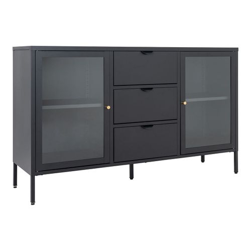 Buffet 2 Portes Vitrées 3 Tiroirs En Métal Laqué Noir