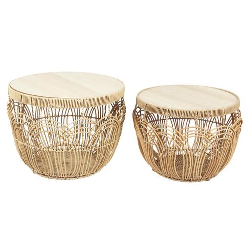 Lot De 2 Tables En Rotin Synthétique Et Plateau Mdf Imitation Bambou