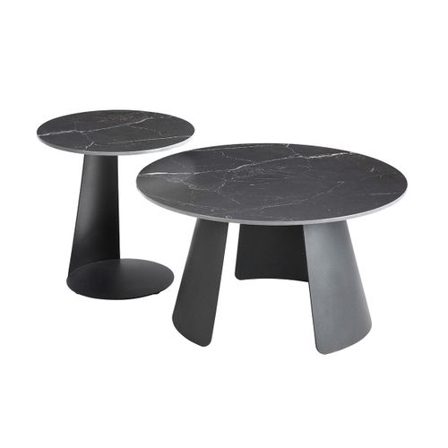 Tables Gigogne Plateaux Céramique Marbré Noir Pieds Métal Noir Mat