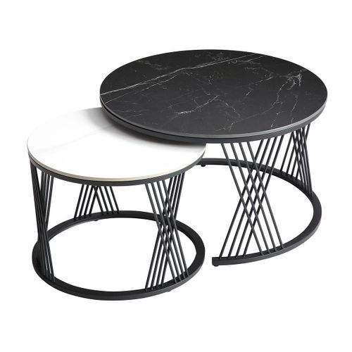Tables Gigogne Plateaux Céramique Marbrés Noir Et Blanc Pieds Métal N