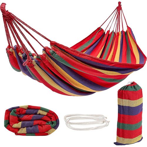 Extérieur Tissé Toile Hamac Portable Voyage Sac Jardin Camping 190*150 Cm (Cravate Corde + Sac De Rangement) 1pcs-Red Stripe