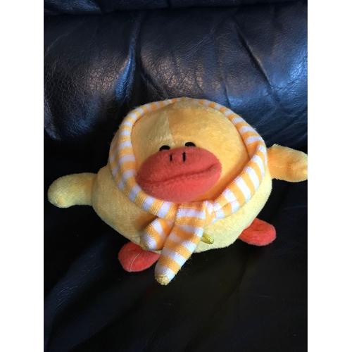 Peluche Doudou Canard Rond Jaune Écharpe Rayée 12cm