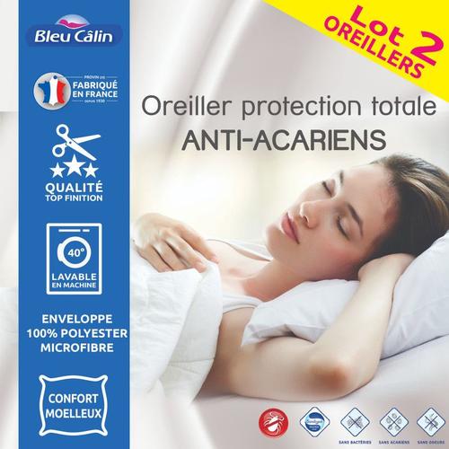 Lot De 2 Oreillers 60 X 60 Cm "Protection Totale Anti-Acariens" Bleu Cabeige