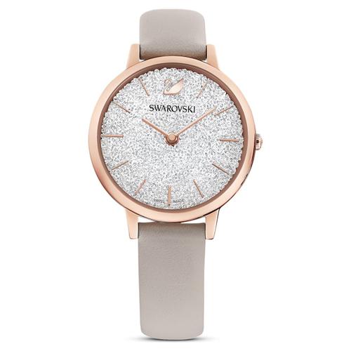 Montre Crystalline Joy, Fabriqué En Suisse, Bracelet En Cuir, Gris, Finition Or Rose