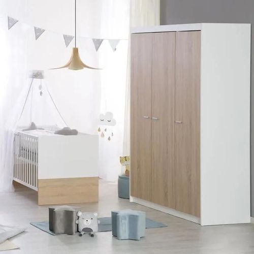 Chambre Bébé Complète - Lit Évolutif 70 X 140 Cm + Commode À Langer + Armoire 3 Portes - Roba - Bicolore Blanc / Décor Chêne Clair