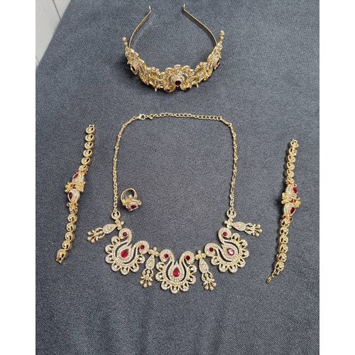 Parure Royale Ensemble Bijoux Mariee Dore Et Rouge Caftan Takchita Lebsa Fergani Karakou