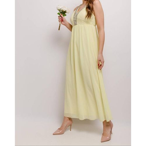 Robe Longue Jaune Plissée Décolleté Strass Taille 40