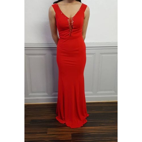 Robe Longue Sirene Rouge Decollete Perlé Taille 36 S