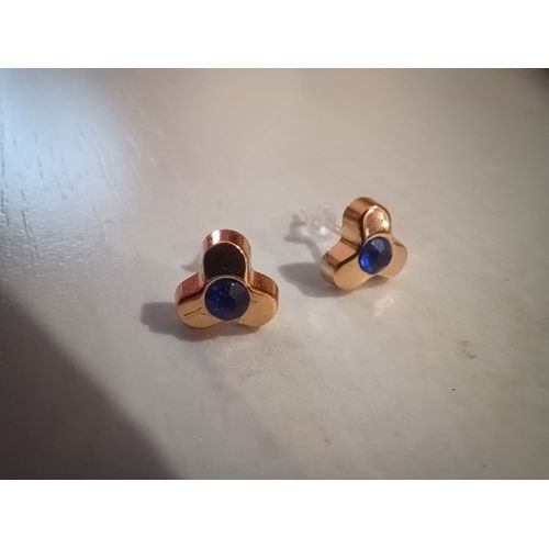 Boucles D'oreilles Doré ,Fleur 3 Petales,Strass Bleu