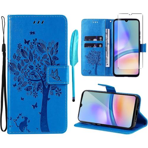 Coque Pour Samsung Galaxy A05s [1x Verre Trempé] Étuis Rabat Folio Protection Housse Cuir Pu Portefeuille Silicone [Fermeture Magnétique][Emplacements Cartes][Stand Feature] - Bleu