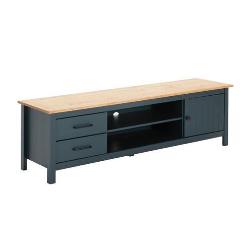 Meuble Tv 1 Porte 2 Tiroirs Bois Ciré Et Bleu Pétrole
