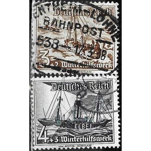 Allemagne, 3ème Reich 1937, Beaux Timbres Yvert 594 Et 595, Au Profit Du Secours D'hiver, Canot De Sauvetage Et Bateau Phare "Elbe 1", Oblitérés, Tbe.