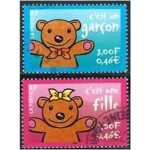 France 2001, Belle Paire Timbres De Naissance, Yvert 3377 3378, C'est Un Garçon, C'est Une Fille, Oblitérés, Tbe
