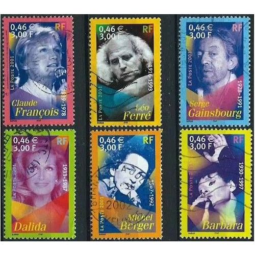 France 2001, Belle Série Complète Artistes De La Chanson, Timbres Yvert 3391 Claude François, 3392 Léo Ferré, 3393 Serge Gainsbourg, 3394 Dalida, 3395 Michel Berger, 3396 Barbara, Oblitérés, Tbe