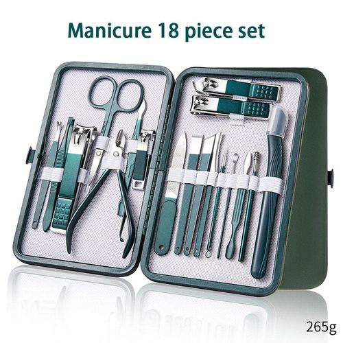 Ensemble De Manucure Professionnel En Acier Inoxydable,Coupe-Ongles,Outils De Soin Des Ongles,Étui De Voyage En Cuir,Hommes Et Femmes,7-18 Pièces - Type Green 18 Pcs Set 