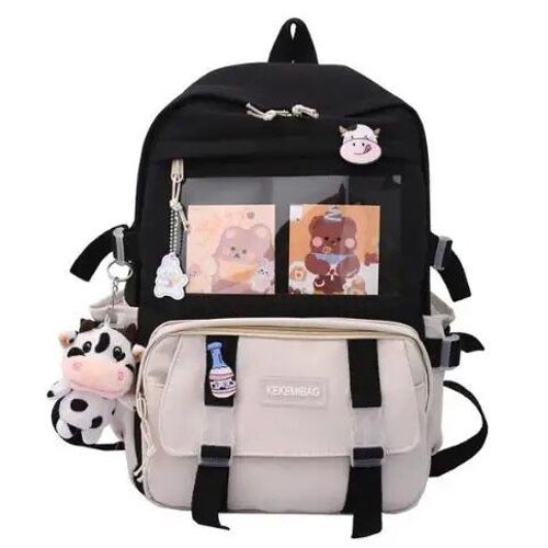 Sac à dos en nylon imperméable pour femmes et hommes,cartable multi-poches,sac à dos pour ordinateur portable,sacs de livre,sac de voyage Kawaii,collège,filles,femme, - Type Vache noire