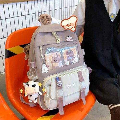 Sac à dos en nylon imperméable pour femmes et hommes,cartable multi-poches,sac à dos pour ordinateur portable,sacs de livre,sac de voyage Kawaii,collège,filles,femme, - Type Pourpre avec vache