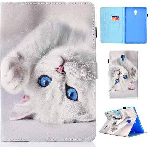 Coque Pour Samsung Galaxy Tab A 10.5 2018 Sm-T590/T595 Etui Case Cover Housse De Protection Multi Angles Avec Auto Réveil/Sommeil Et Carte De Documents Pocket Blanc Chat