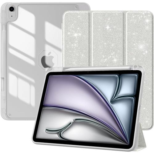 Coque Pour Ipad Air 11 Pouces M2 2024, Ipad Air 6/5/4e Gén (2024/2022/2020) 10,9"", Étui Avec Porte-Stylet, Coque Fine Avec Coque Arrière Transparente, Sommeil/Réveil Auto, Blanc Scintillant