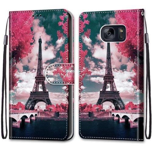 Coque Pour Samsung Galaxy S7 Portefeuille Etui À Rabat En Pu Cuir Motif,Poche Porte-Cartes,Multi-Usage Peint Housse Cuir Case Magnétique Tour Fleur Rose Protection Pour Samsung Galaxy S7 5.1""