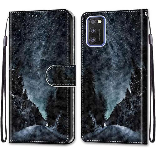 Pochette Coque Pour Samsung Galaxy A41 Étui En Cuir Flip Lirves Pu Avec Silicone Antichoc Housse Support Portable Wallet Élégant Protection Étui Pour Samsung Galaxy A41,Route De Nuit Noire