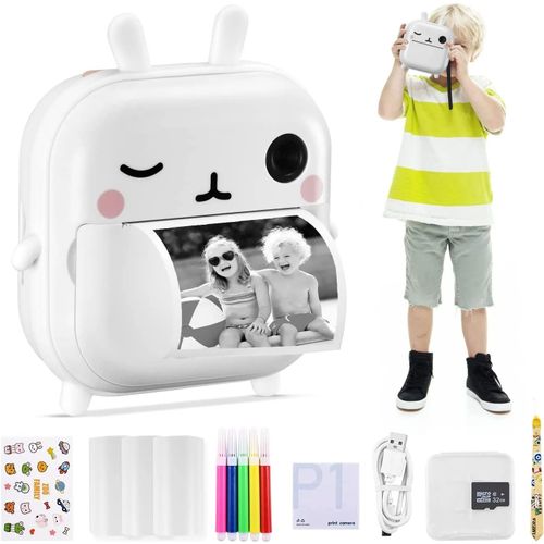 Appareil photo d'impression instantané pour enfants avec 1080p 2,4 pouces écran 10x zoom zéro encre papier d'impression et carte 32G pour selfie photo enregistrement vidéo cadeau pour - Type rabbit
