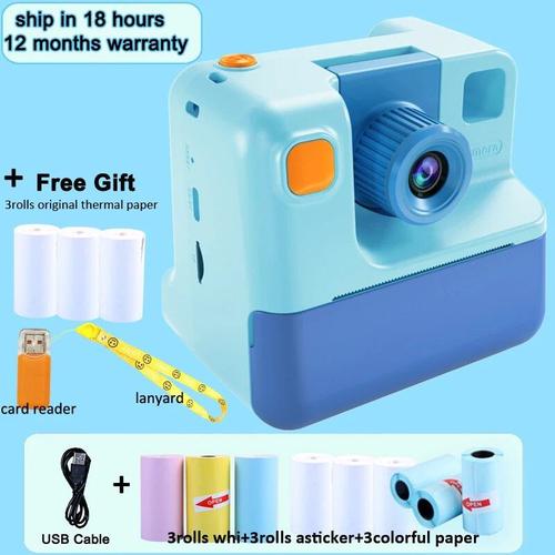 Appareil photo à impression instantanée pour enfants,appareil photo numérique HD 1080P,papier photo,jouet pour enfant,cadeau de Noël - Type Blue add 3kinds-With 32G SD Card #D