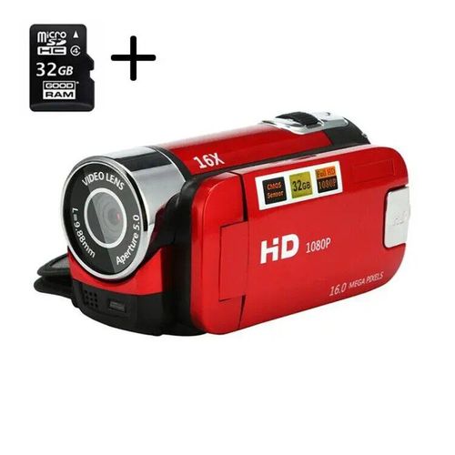Appareil photo numérique d'enregistrement vidéo anti-tremblement,haute définition,n'aime 16X,écran LCD TFT 1080 "",caméscope avec lumière LED,2.7 P - Type Red with Card 32GB-EU Plug