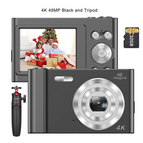 caméra numérique 4K 48mp,caméscope vidéo autofocus,Zoom 16X,Anti-secousse,détection du visage,Capture de sourire,Flash et batterie intégrés - Type Black and Tripod