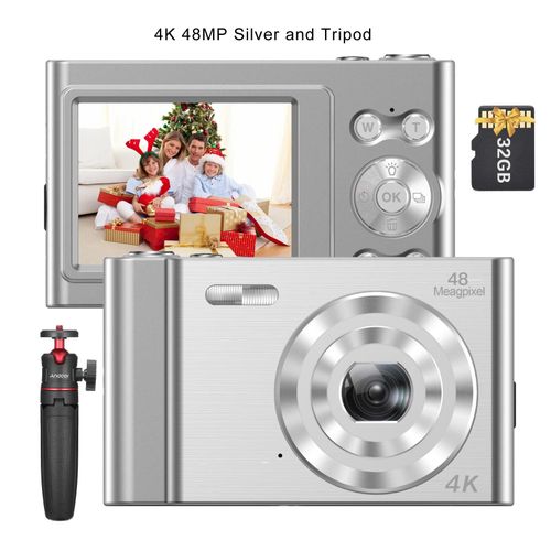 caméra numérique 4K 48mp,caméscope vidéo autofocus,Zoom 16X,Anti-secousse,détection du visage,Capture de sourire,Flash et batterie intégrés - Type Silver and Tripod