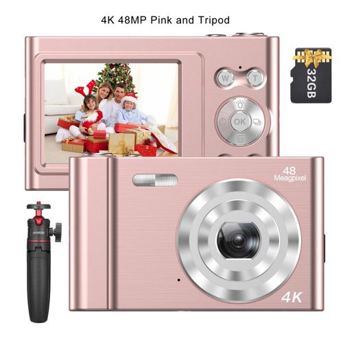 caméra numérique 4K 48mp,caméscope vidéo autofocus,Zoom 16X,Anti-secousse,détection du visage,Capture de sourire,Flash et batterie intégrés - Type Pink and Tripod