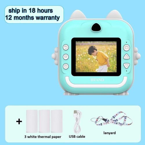 Appareil photo numérique instantané avec lanière pour enfants,écran HD IPS de 2.4 pouces,lumière d'oreille,imprimante instantanée,cadeaux de Noël et d'anniversaire - Type Blue-Standard
