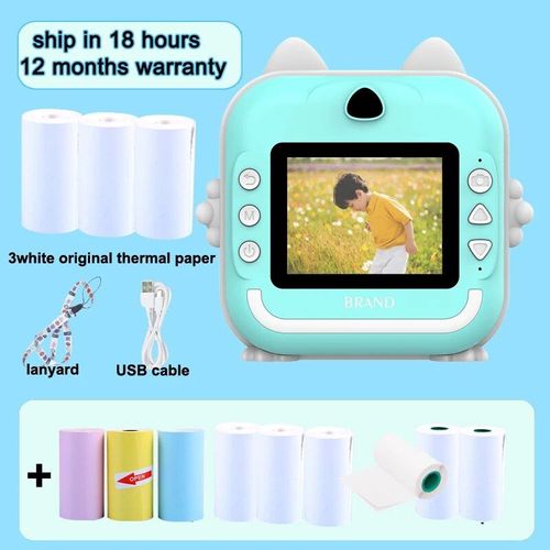 Appareil photo numérique instantané avec lanière pour enfants,écran HD IPS de 2.4 pouces,lumière d'oreille,imprimante instantanée,cadeaux de Noël et d'anniversaire - Type Blue-3kinds-Standard