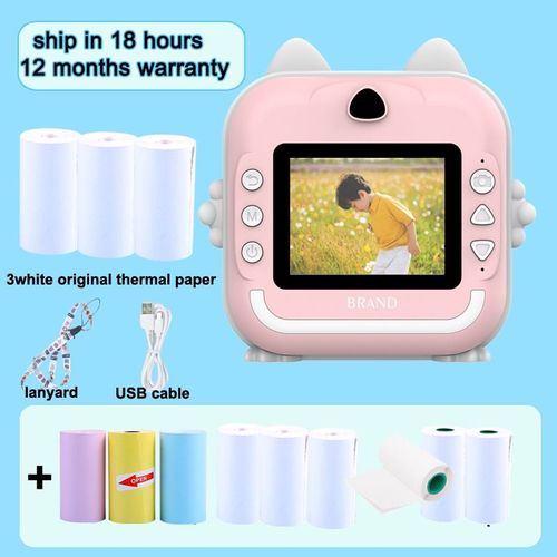 Appareil photo numérique instantané avec lanière pour enfants,écran HD IPS de 2.4 pouces,lumière d'oreille,imprimante instantanée,cadeaux de Noël et d'anniversaire - Type Pink-3kinds-With 32G SD Card