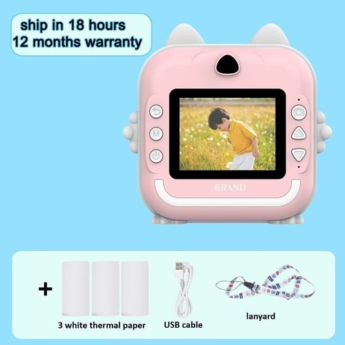 Appareil photo numérique instantané avec lanière pour enfants,écran HD IPS de 2.4 pouces,lumière d'oreille,imprimante instantanée,cadeaux de Noël et d'anniversaire - Type Pink-Standard