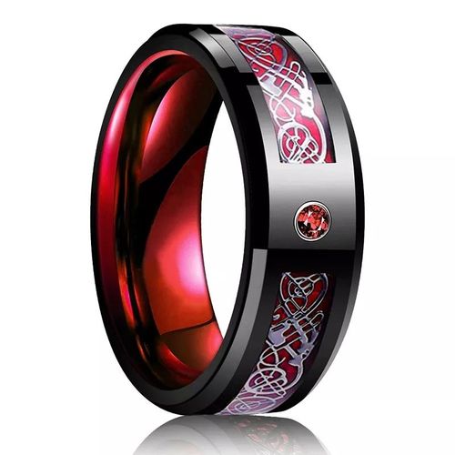 Bagues Dragon Celtique En Acier Inoxydable Pour Hommes,Rainure Rouge,Bord Biseauté,Bague En Fibre De Carbone Incrustée,Alliance Pour Hommes,Mode,8mm