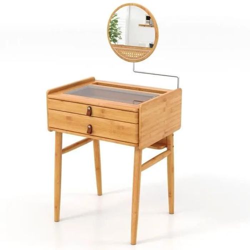 Costway Coiffeuse En Bambou Avec Miroir Pivotant, Plateau En Verre Trempé, Table De Maquillage Avec 2 Tiroirs, Pieds Antidérapants