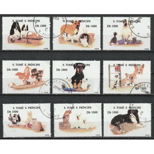 Série Complète De 9 Timbres Oblitérés Sao Tomé Et Principe. Chiens Et Chats. 1995