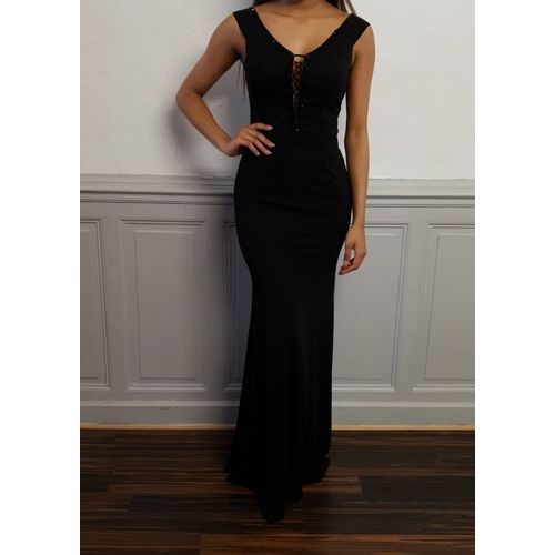 Robe Soiree Longue Sirene Noire Decollete Perlé Taille 38 M