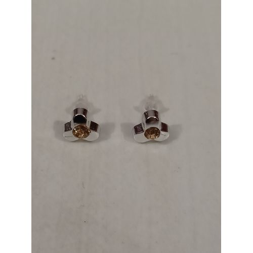 Boucles D'oreilles Argenté ,Fleur 3 Petales,Strass Jaune