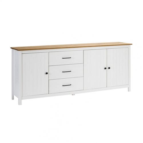 Buffet Bas 3 Portes 3 Tiroirs Bois Ciré Et Blanc